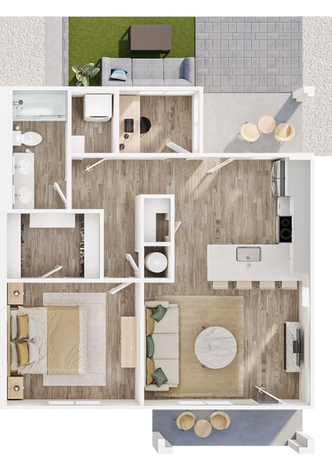 Floor plan for 1 bed, 1 bath, 752 sqft